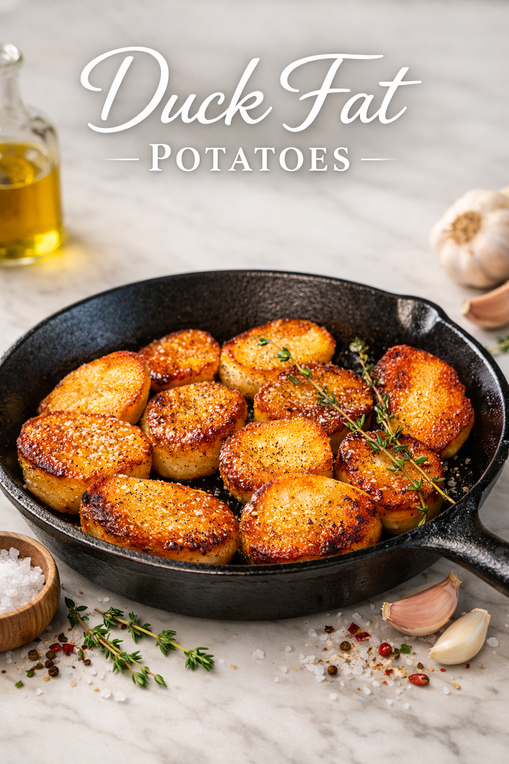 Crispy duck fat potatoes with fresh thyme in a cast iron skillet, golden brown and sprinkled with flaky sea salt