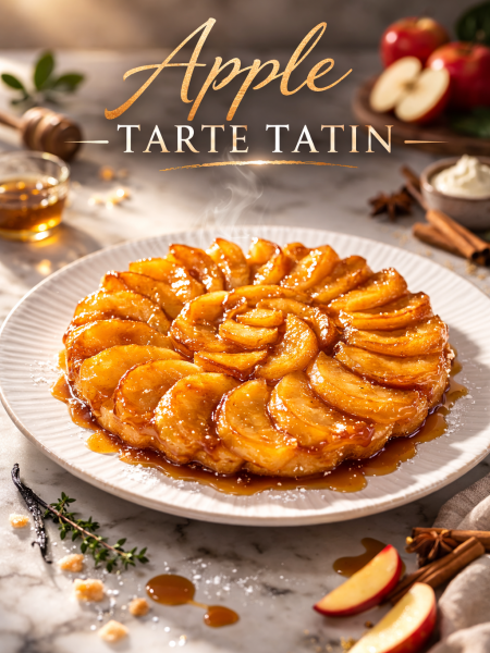 Apple Tarte Tatin flipped onto a white platter showing caramelized golden apple quarters arranged in concentric circles with flaky puff pastry underneath