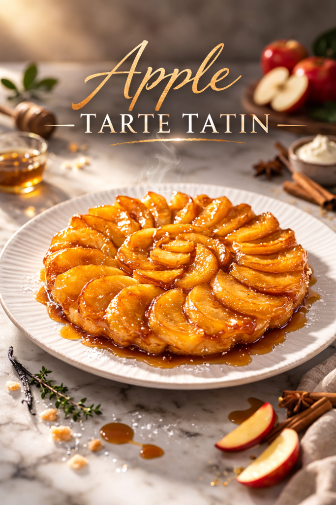 Apple Tarte Tatin flipped onto a white platter showing caramelized golden apple quarters arranged in concentric circles with flaky puff pastry underneath
