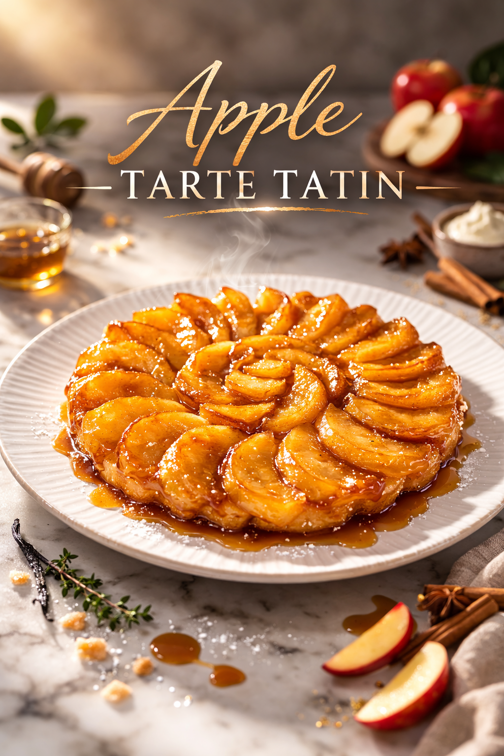 Apple Tarte Tatin flipped onto a white platter showing caramelized golden apple quarters arranged in concentric circles with flaky puff pastry underneath