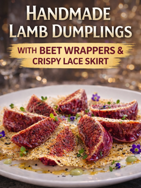 Vibrant pink handmade lamb dumplings with beet wrappers arranged in a circle, showcasing a golden crispy lace skirt and served with dipping sauce