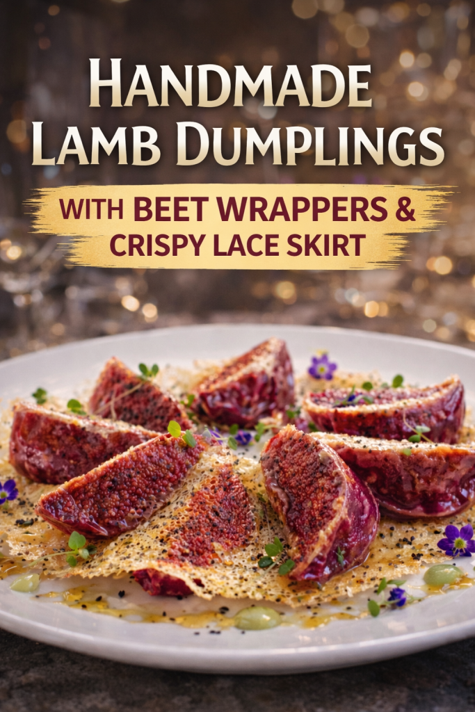 Vibrant pink handmade lamb dumplings with beet wrappers arranged in a circle, showcasing a golden crispy lace skirt and served with dipping sauce