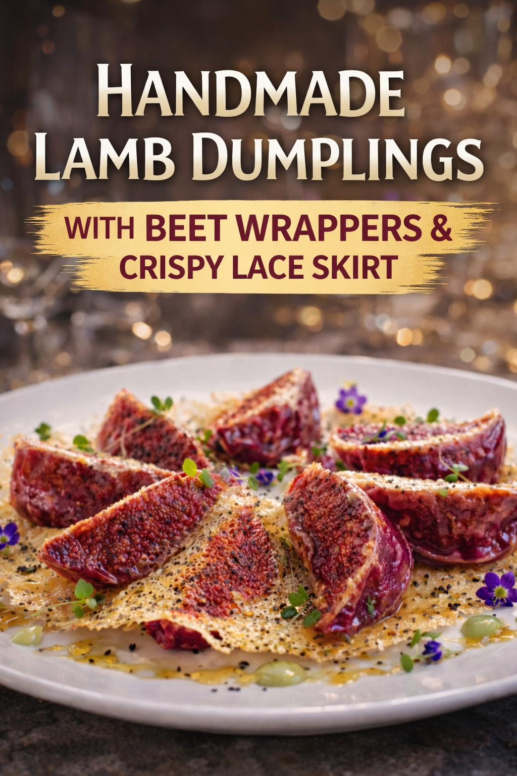 Vibrant pink handmade lamb dumplings with beet wrappers arranged in a circle, showcasing a golden crispy lace skirt and served with dipping sauce