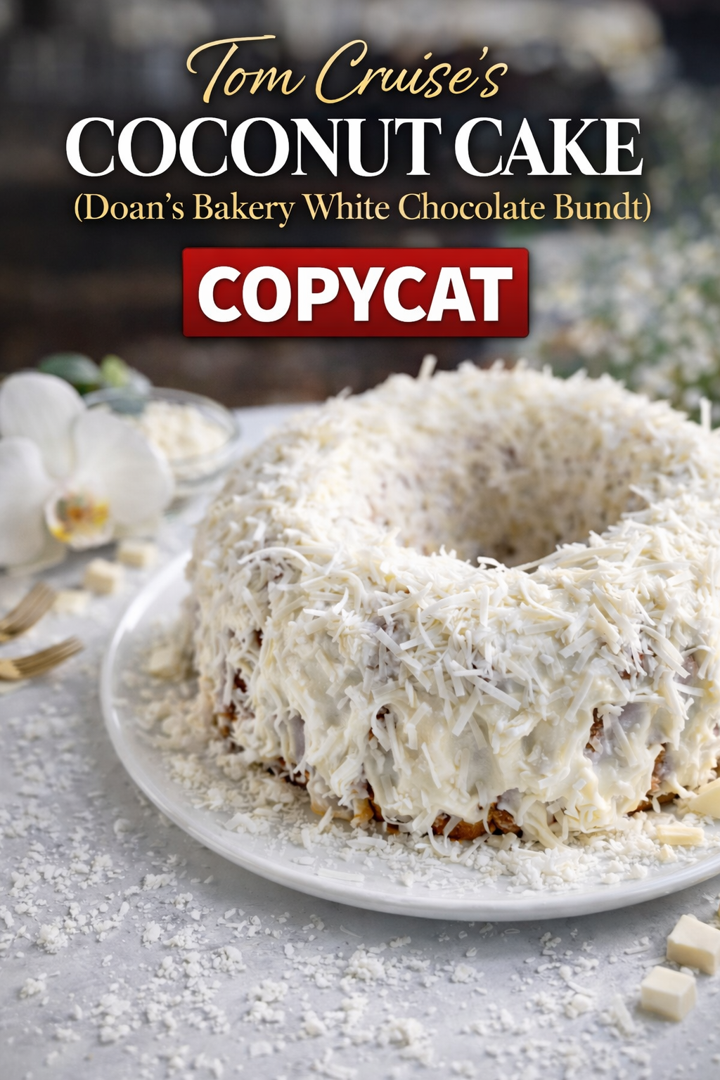 Tom Cruise's famous coconut cake copycat—a golden Bundt cake with white chocolate, toasted coconut, and caramel bits, topped with fluffy coconut cream cheese frosting and shredded coconut.
