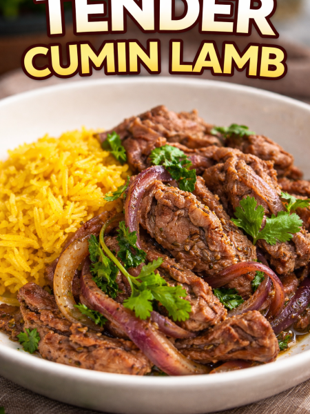 A sizzling Cumin Lamb Stir Fry in a black wok featuring tender slices of lamb, charred onions, and vibrant green onions coated in a toasted cumin and chili spice blend.