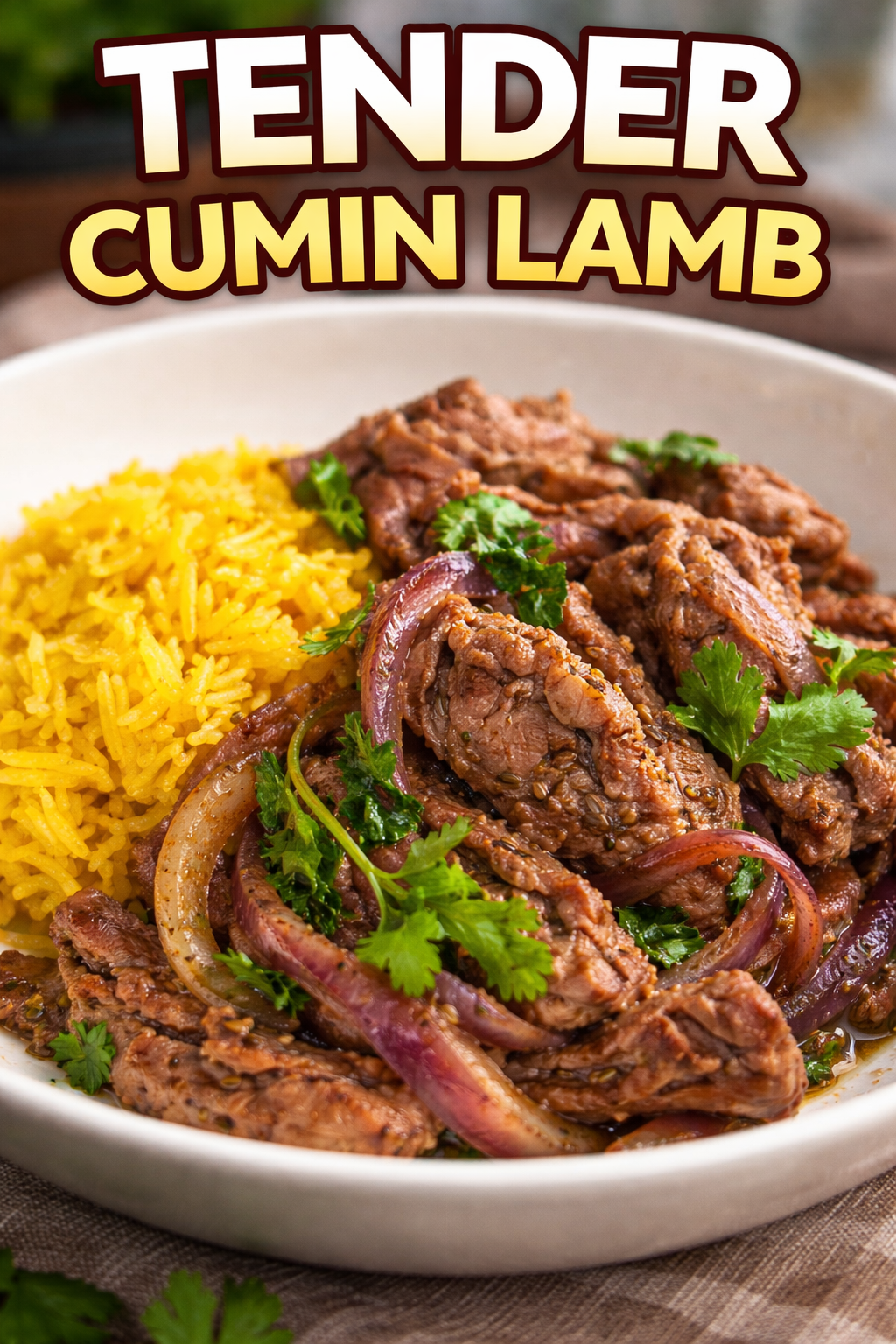 A sizzling Cumin Lamb Stir Fry in a black wok featuring tender slices of lamb, charred onions, and vibrant green onions coated in a toasted cumin and chili spice blend.