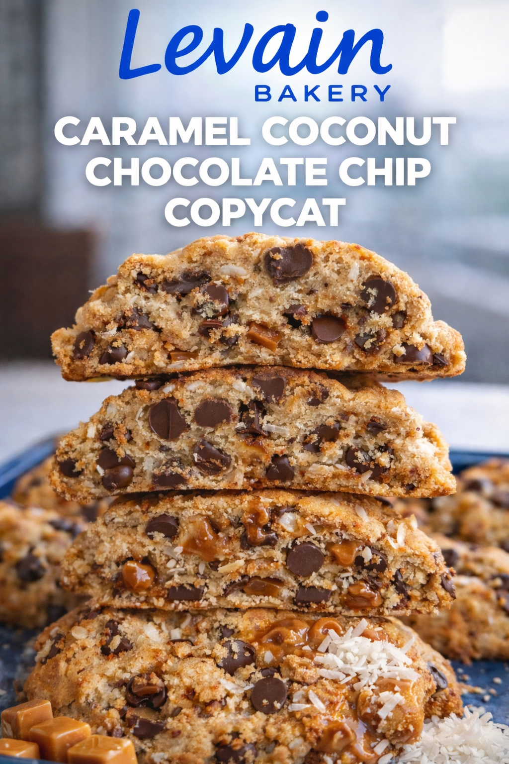 Stack of giant homemade Levain Bakery copycat caramel coconut chocolate chip cookies on a wooden board with visible caramel pockets