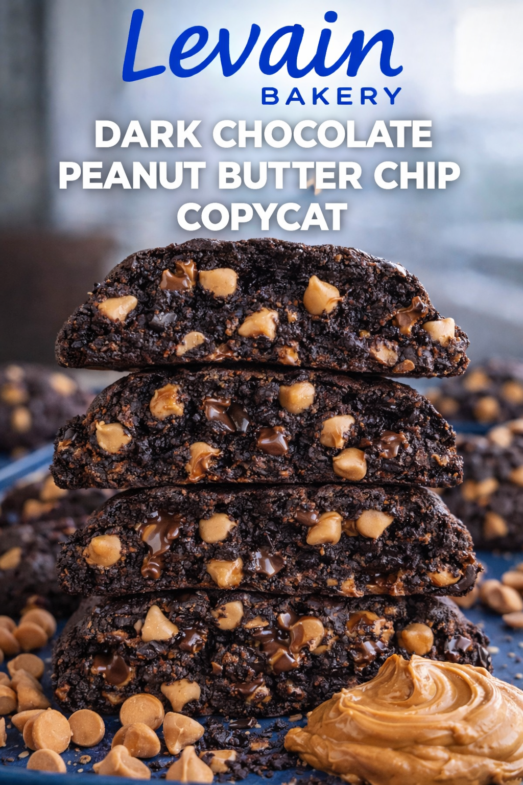 Stack of giant homemade Levain Bakery copycat cookies with dark chocolate and peanut butter chips on a rustic wooden table