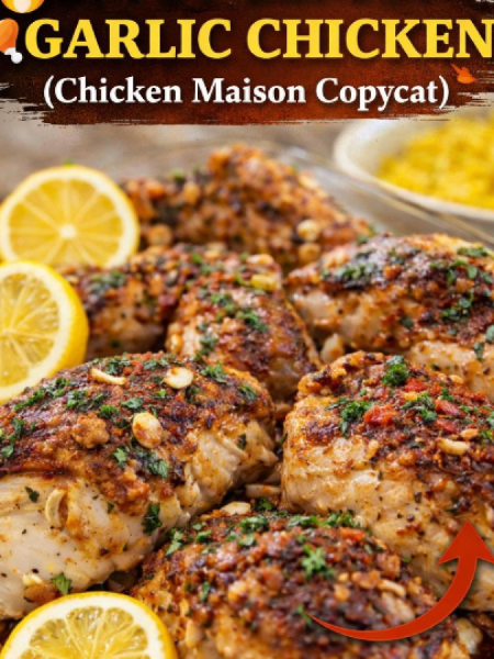 A vibrant plate of Chicken Maison copycat recipe featuring golden brown spicy lemon garlic chicken thighs served over fluffy yellow turmeric rice, garnished with fresh parsley and lemon wedges.