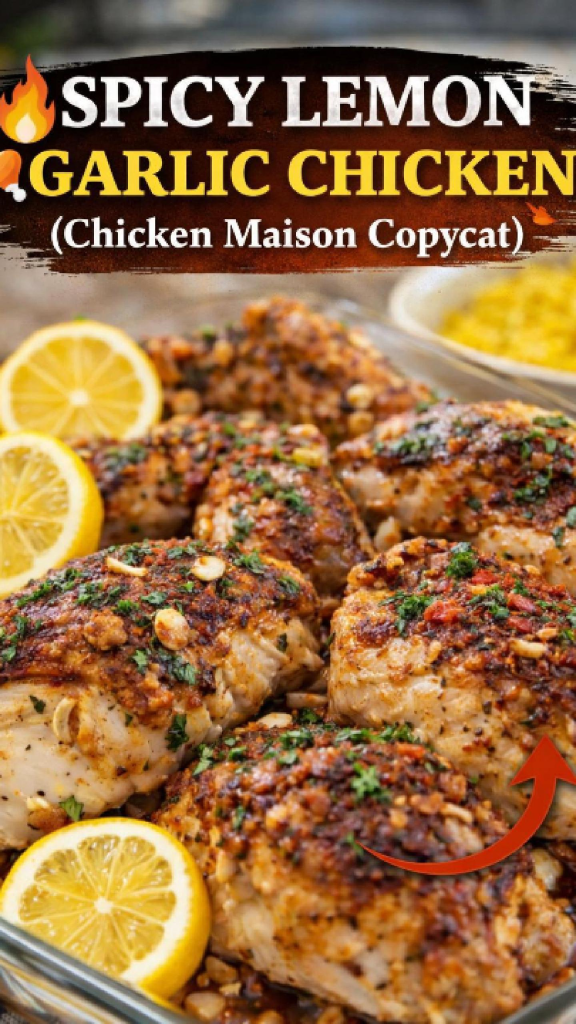 A vibrant plate of Chicken Maison copycat recipe featuring golden brown spicy lemon garlic chicken thighs served over fluffy yellow turmeric rice, garnished with fresh parsley and lemon wedges.