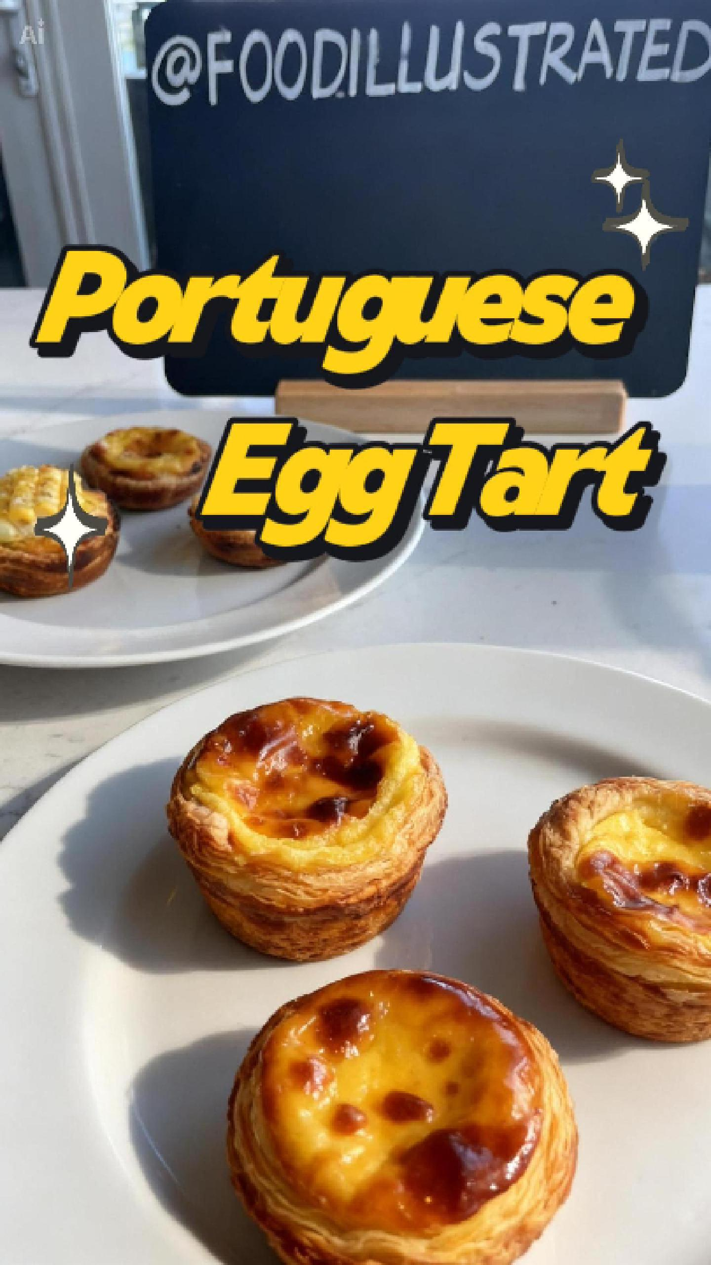 Two versions of Portuguese egg tarts side by side—classic caramelized custard tarts and sweet corn cream tarts topped with caramelized corn