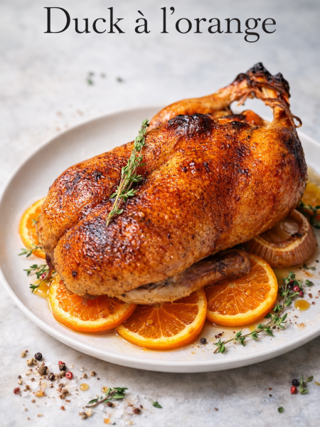Crispy roasted duck à l'orange on a platter with orange slices and thyme, drizzled with glossy citrus sauce