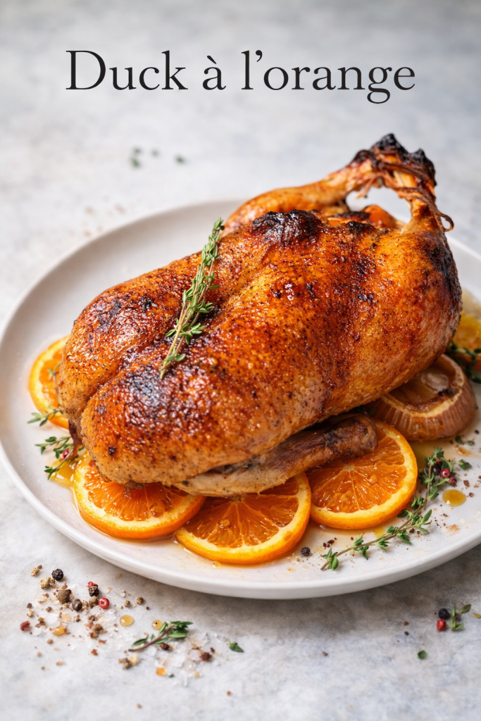Crispy roasted duck à l'orange on a platter with orange slices and thyme, drizzled with glossy citrus sauce