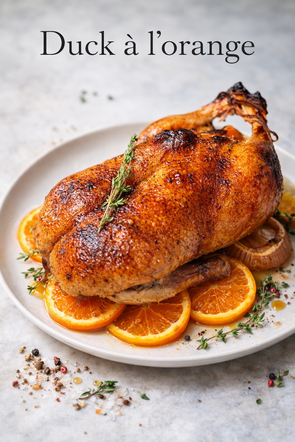 Crispy roasted duck à l'orange on a platter with orange slices and thyme, drizzled with glossy citrus sauce