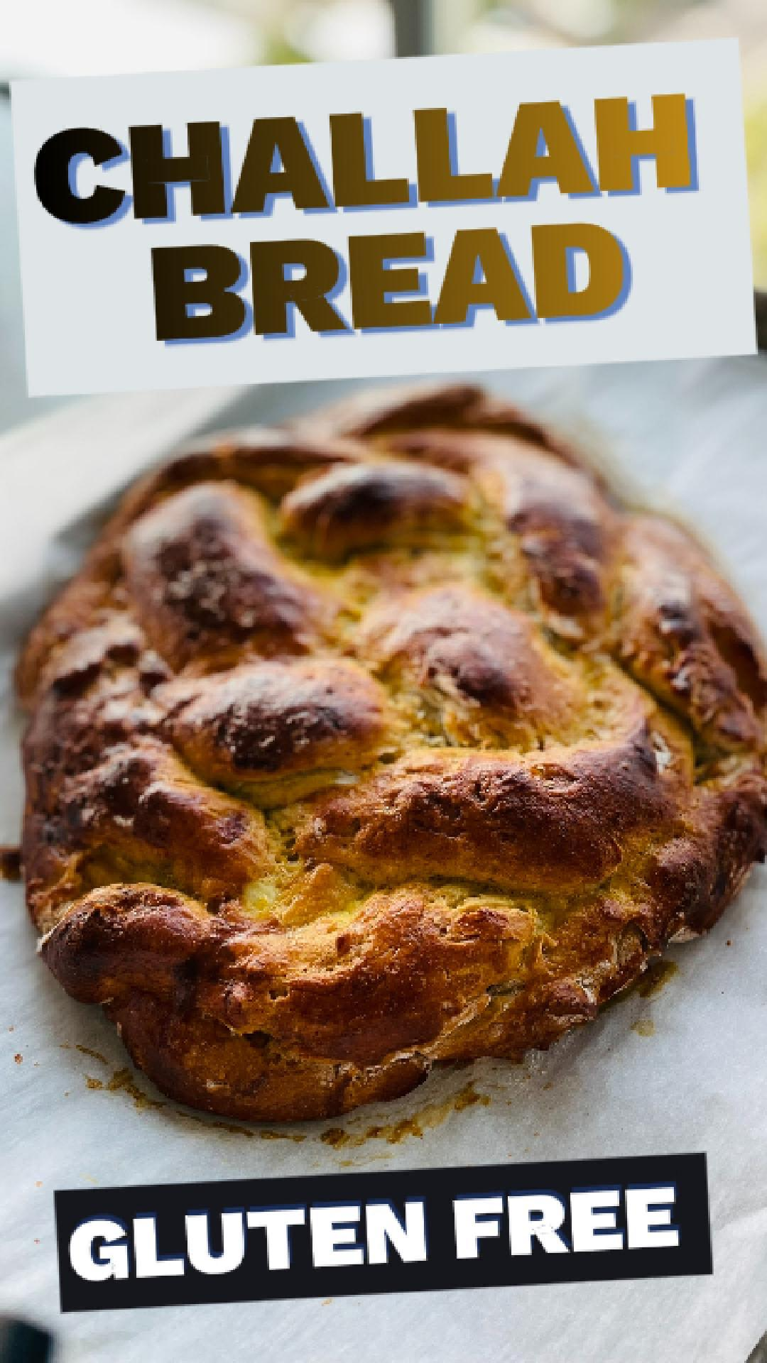golden brown, perfectly braided gluten-free Challah bread loaves resting on a parchment-lined baking sheet, fresh from the oven with a glossy egg wash crust.