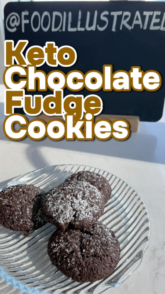 A stack of rich, fudgy keto chocolate fudge cookies on a rustic wooden board with visible cracks and chocolate texture