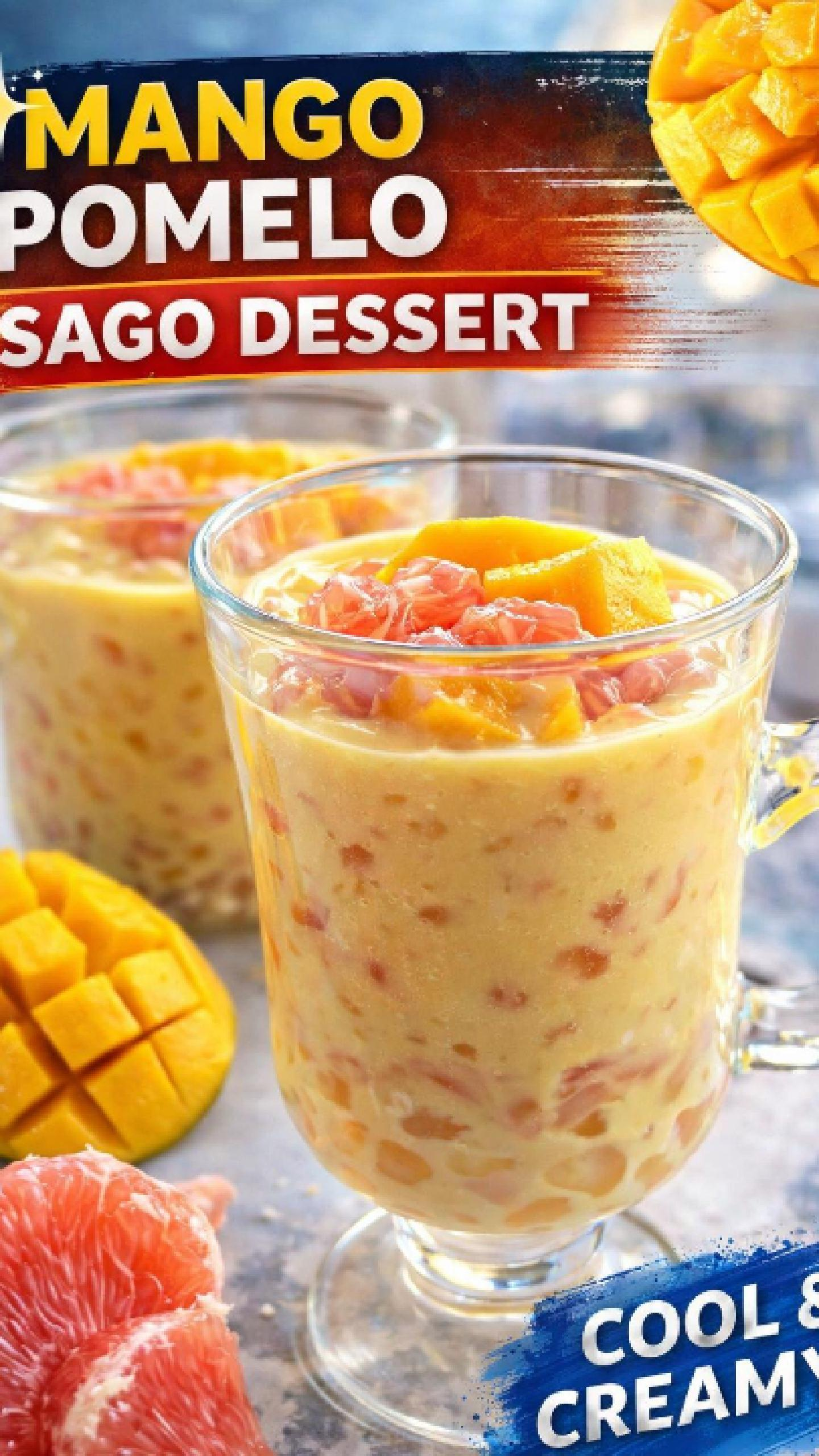 A chilled glass bowl of mango pomelo sago, the classic Hong Kong dessert, featuring vibrant yellow mango puree, chewy tapioca pearls, juicy red pomelo segments, and fresh mint garnish.