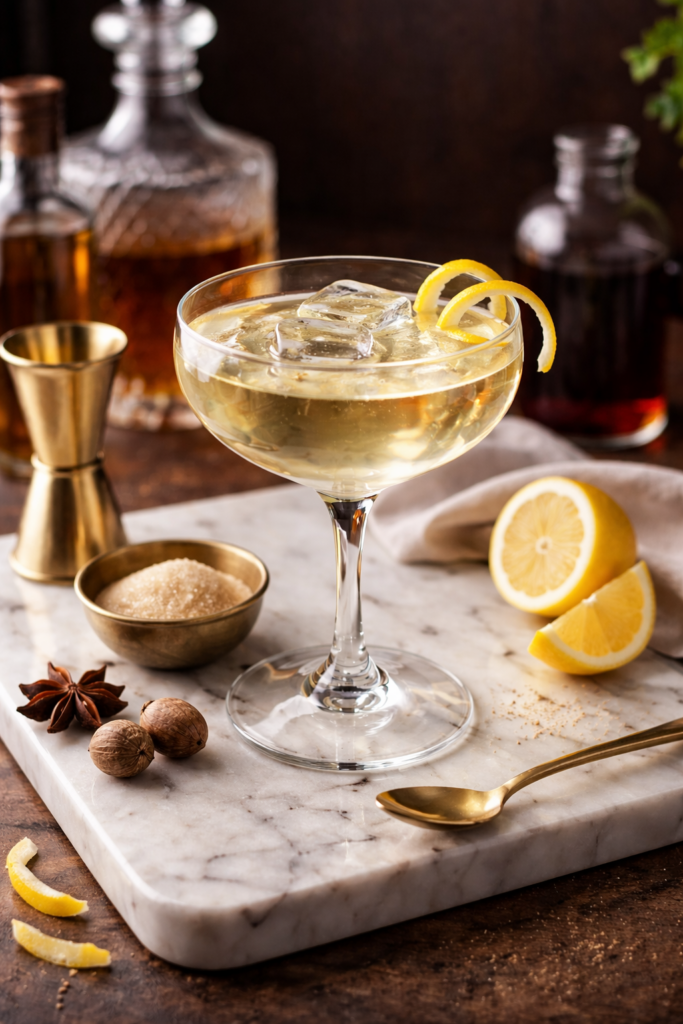 Crystal-clear Clarified Milk Punch in a rocks glass with a large ice cube and lemon twist, ruby amber hue, Earl Grey and aged rum cocktail, Food Illustrated