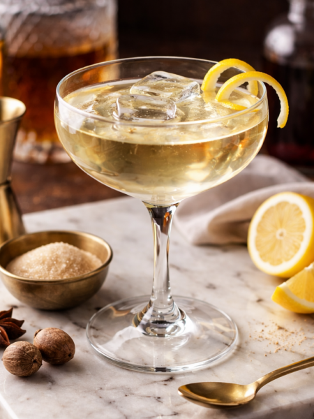 Crystal-clear Clarified Milk Punch in a rocks glass with a large ice cube and lemon twist, ruby amber hue, Earl Grey and aged rum cocktail, Food Illustrated