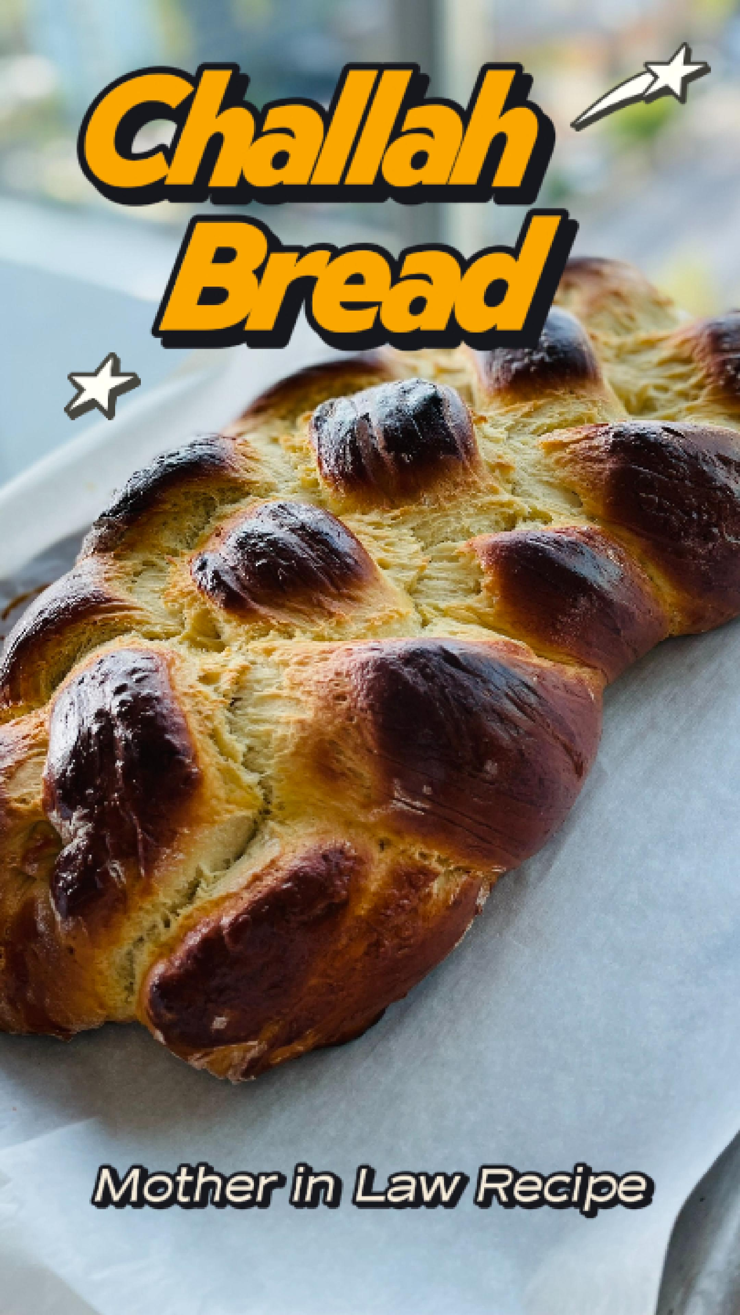 golden brown, braided homemade Challah bread loaves resting on a parchment-lined baking sheet, fresh out of the oven.