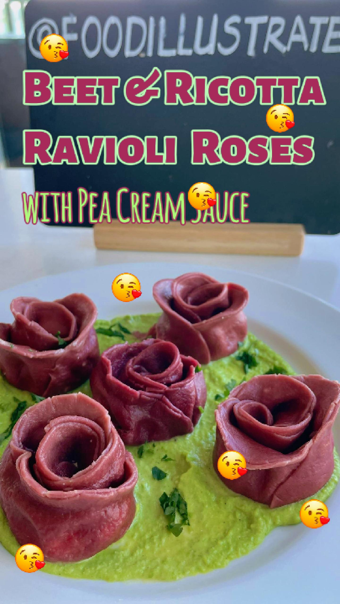 homemade Beet Ricotta Ravioli Roses plated on a vibrant green pea cream sauce, finished with grated Parmesan cheese.