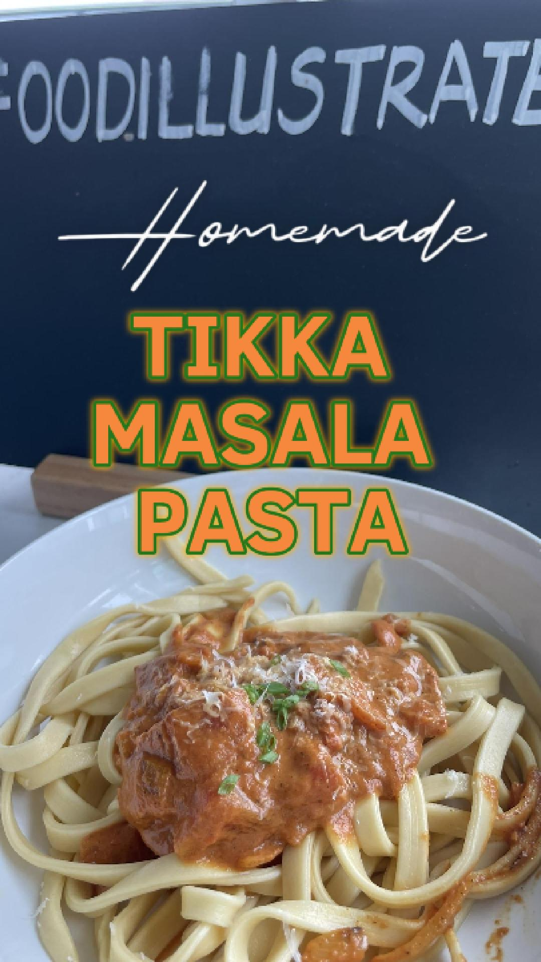 A creamy, pink-orange tikka masala pasta in a white bowl, topped with grilled chicken pieces, fresh cilantro, and a sprinkle of red chili flakes, showcasing the perfect Indian-Italian fusion dish.