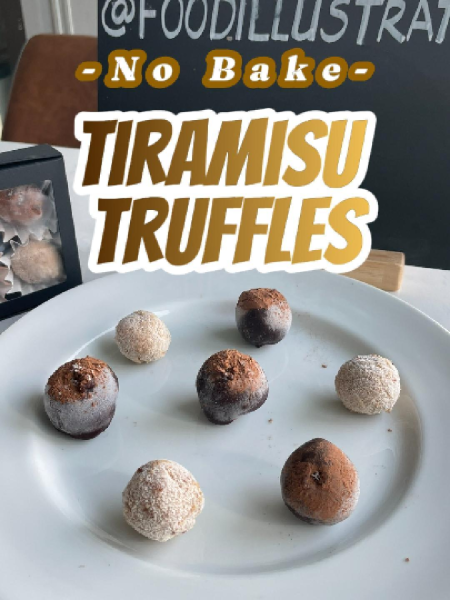 Drizzled chocolate and cocoa powder on homemade Italian tiramisu truffles with a creamy mascarpone center