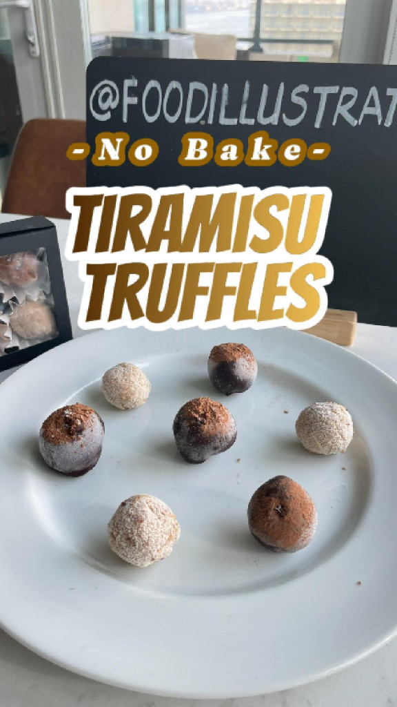 Drizzled chocolate and cocoa powder on homemade Italian tiramisu truffles with a creamy mascarpone center