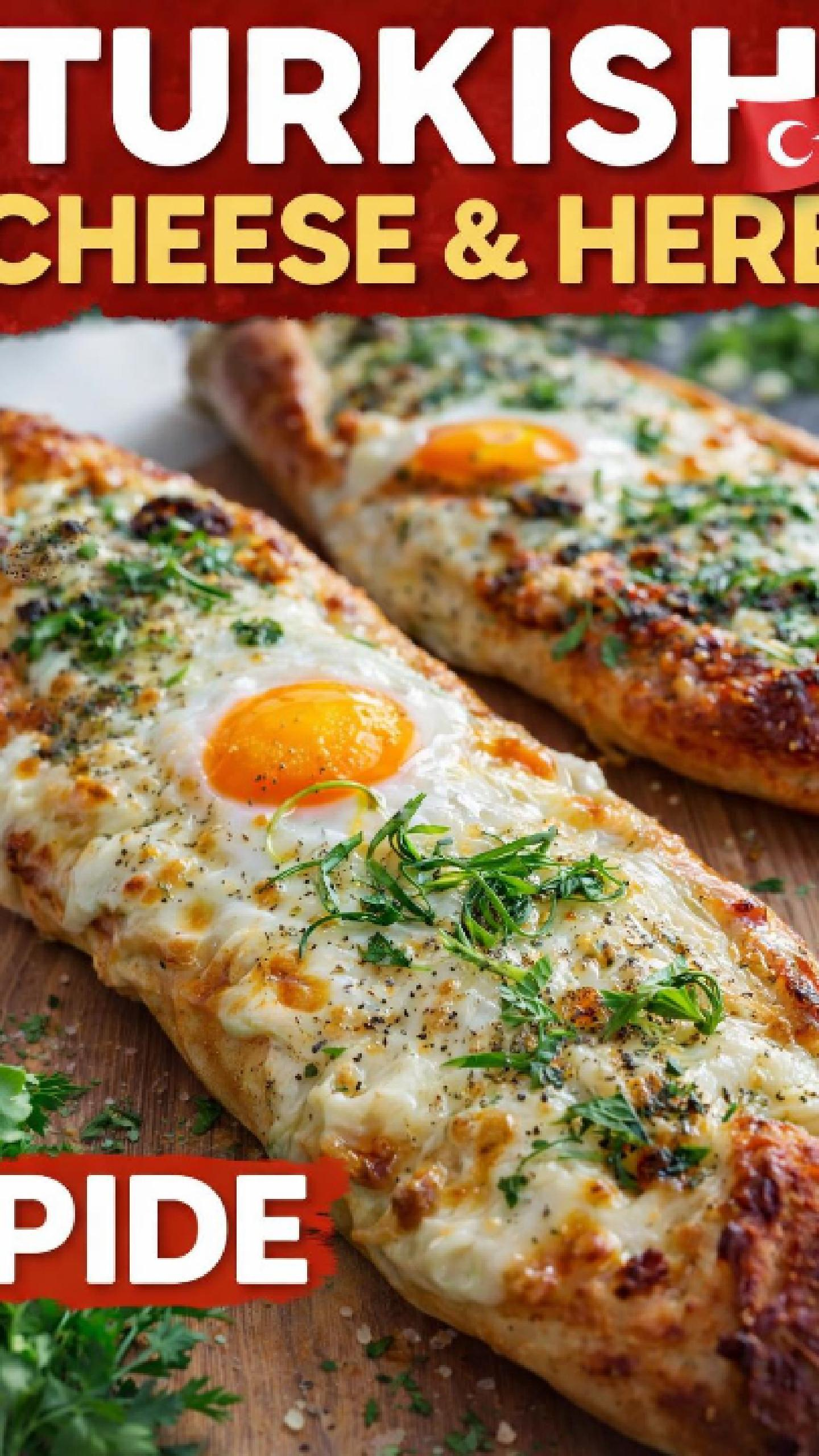 Golden brown Turkish Cheese and Herb Pide boat-shaped flatbread topped with a perfectly baked runny egg, fresh herbs, and sesame seeds on a wooden board.