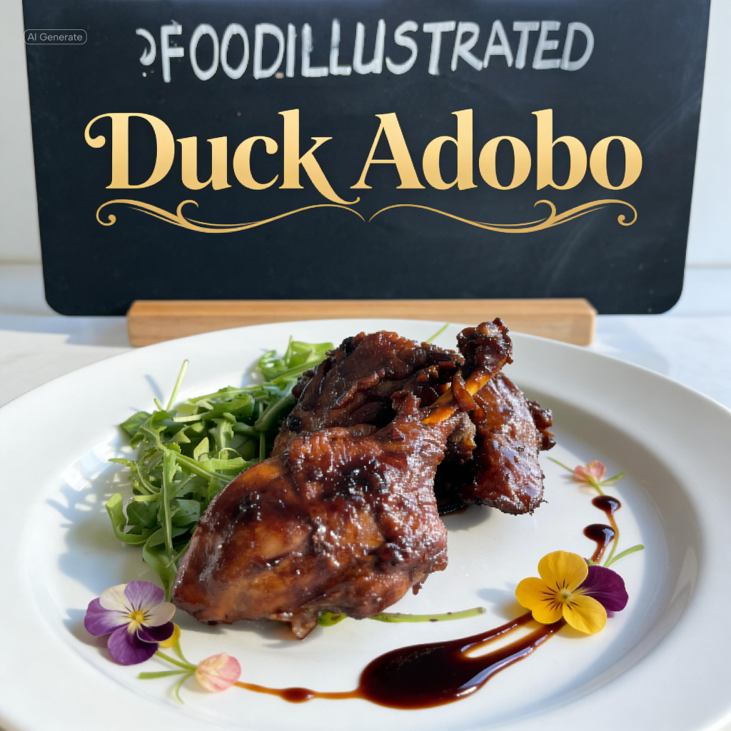 A rich, dark duck adobo served in a black bowl with steamed white rice, showing fall-apart tender duck leg glazed in a glossy soy-vinegar sauce topped with fresh scallions.