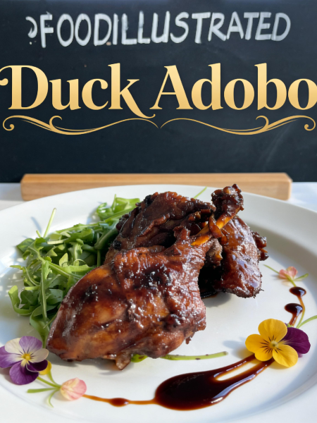 A rich, dark duck adobo served in a black bowl with steamed white rice, showing fall-apart tender duck leg glazed in a glossy soy-vinegar sauce topped with fresh scallions.