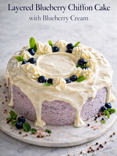 A tall slice of layered blueberry chiffon cake on a white plate, revealing airy sponge, purple blueberry cream filling, and a top decorated with white drip, fresh blueberries, and mint.