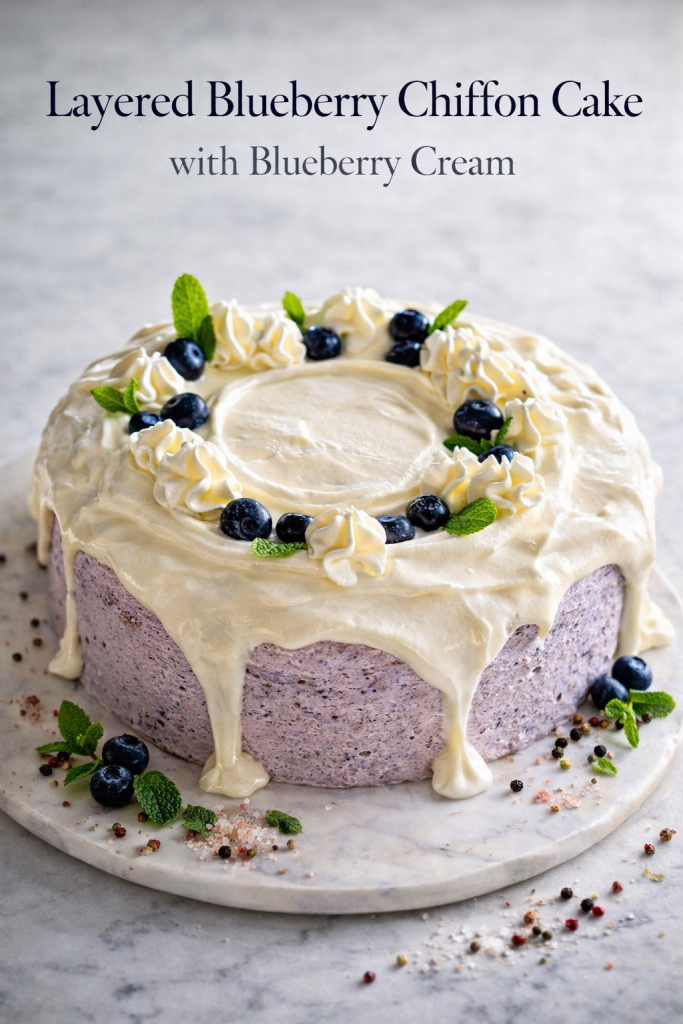 A tall slice of layered blueberry chiffon cake on a white plate, revealing airy sponge, purple blueberry cream filling, and a top decorated with white drip, fresh blueberries, and mint.