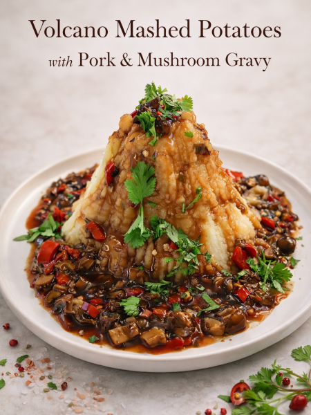Volcano mashed potatoes with pork mushroom gravy cascading down the sides on a white plate