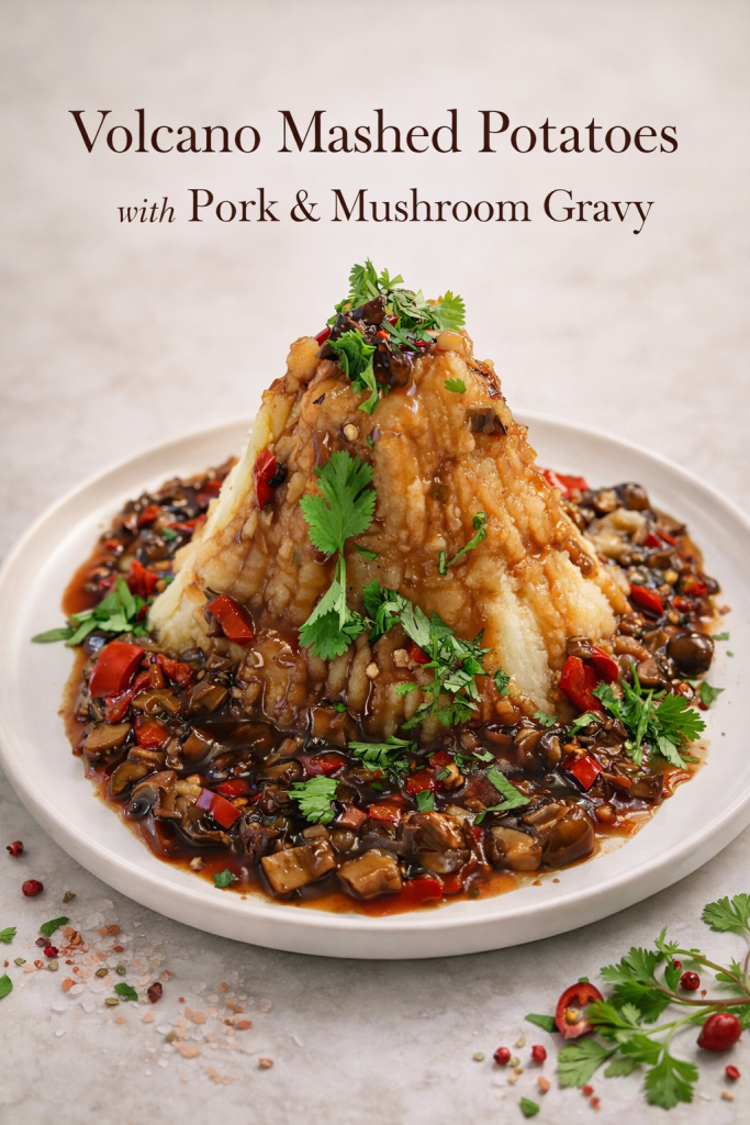 Volcano mashed potatoes with pork mushroom gravy cascading down the sides on a white plate