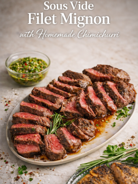 Sliced sous vide filet mignon steak topped with fresh chimichurri sauce