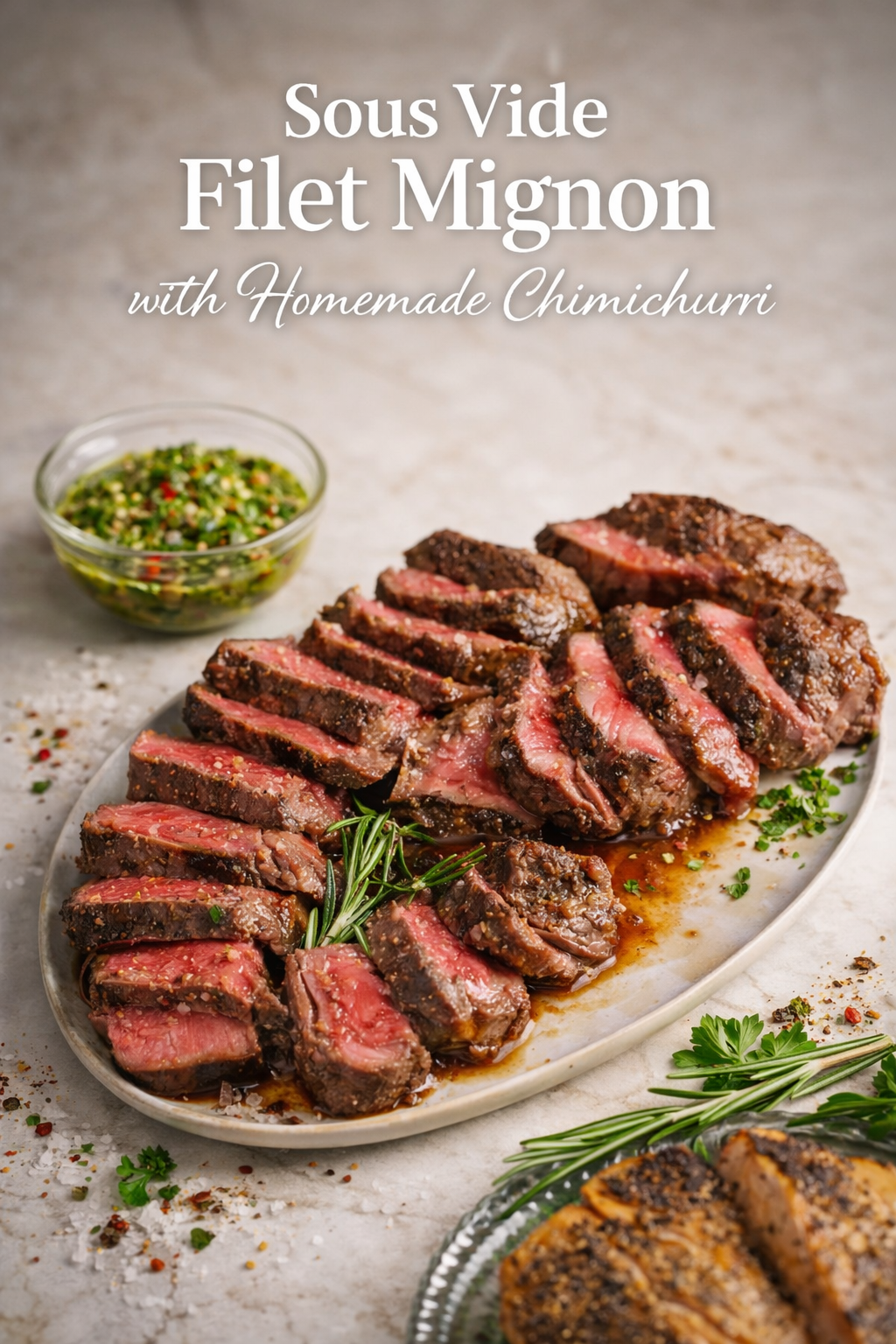 Sliced sous vide filet mignon steak topped with fresh chimichurri sauce