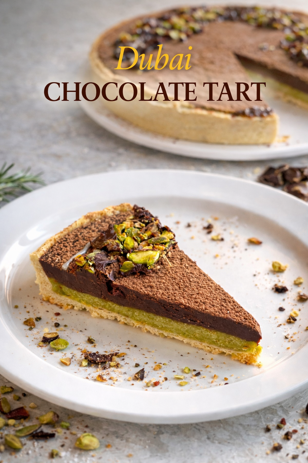 Whole Dubai Chocolate Tart on a serving platter with cocoa powder dusting, white chocolate drizzle, and roasted pistachio garnish
