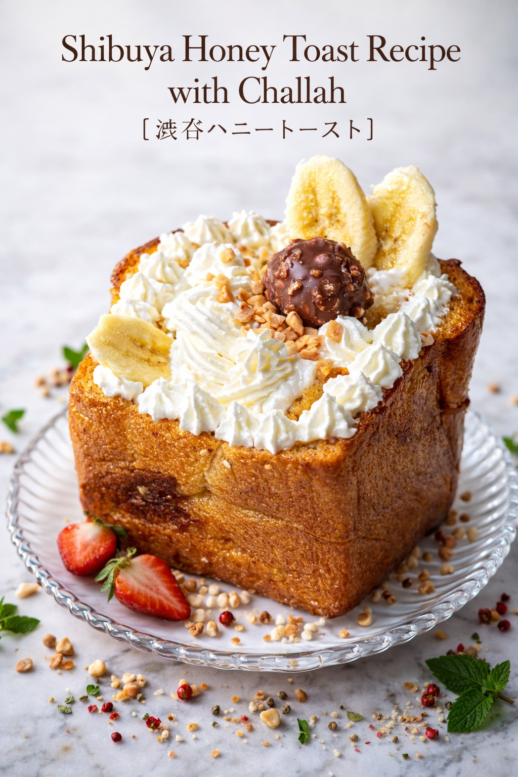 Shibuya honey toast recipe made with challah bread, topped with vanilla ice cream, banana slices, toffee bits, and Ferrero Rocher chocolates