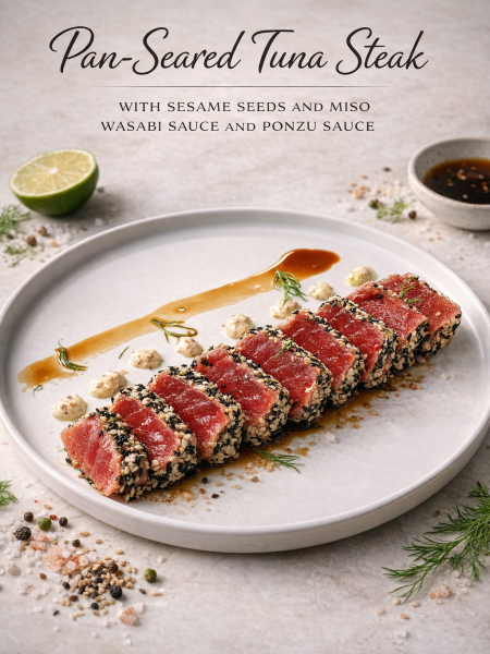 Easy pan-seared tuna steak with sesame seeds and miso wasabi sauce and ponzu sauce, sliced and drizzled on a ceramic plate