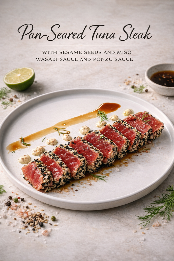 Easy pan-seared tuna steak with sesame seeds and miso wasabi sauce and ponzu sauce, sliced and drizzled on a ceramic plate
