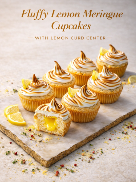 Fluffy lemon meringue cupcakes with lemon curd center, topped with toasted Swiss meringue on a wooden cake stand