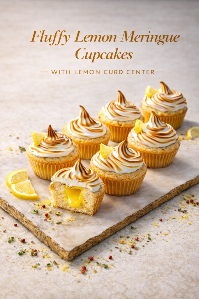 Fluffy lemon meringue cupcakes with lemon curd center, topped with toasted Swiss meringue on a wooden cake stand