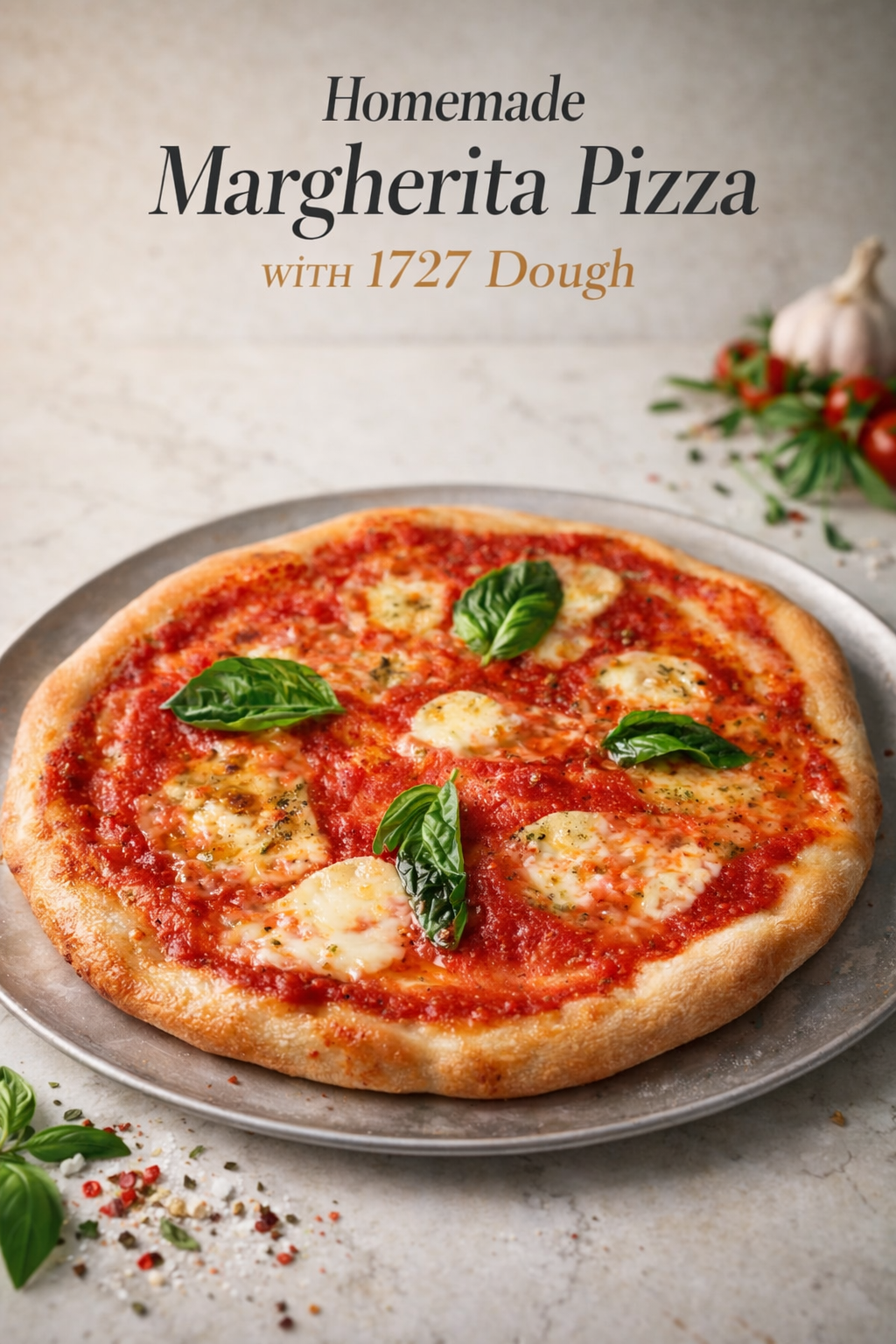 Finished marigta pizza made with 1727 dough recipe on wooden board with crispy crust and fresh basil garnish