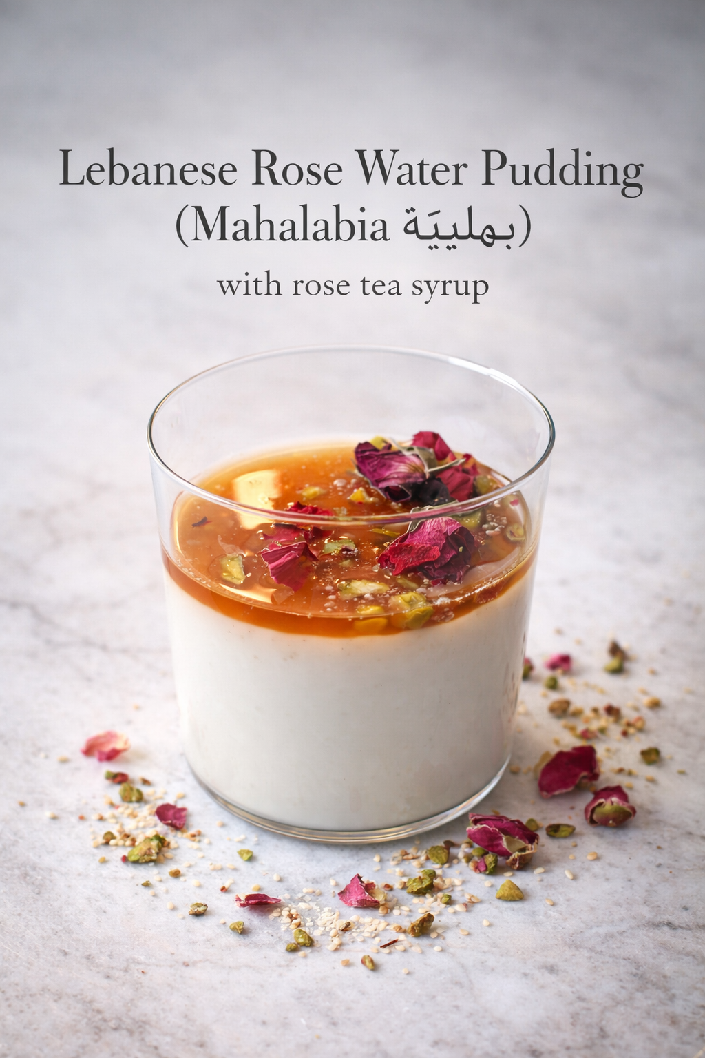 Lebanese rose water pudding in glass with rose syrup drizzle and dried rose petal garnish