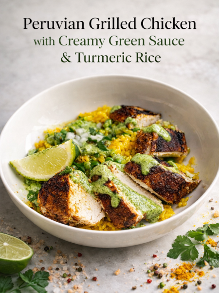 Peruvian grilled chicken with green sauce recipe on white platter with turmeric rice and peas