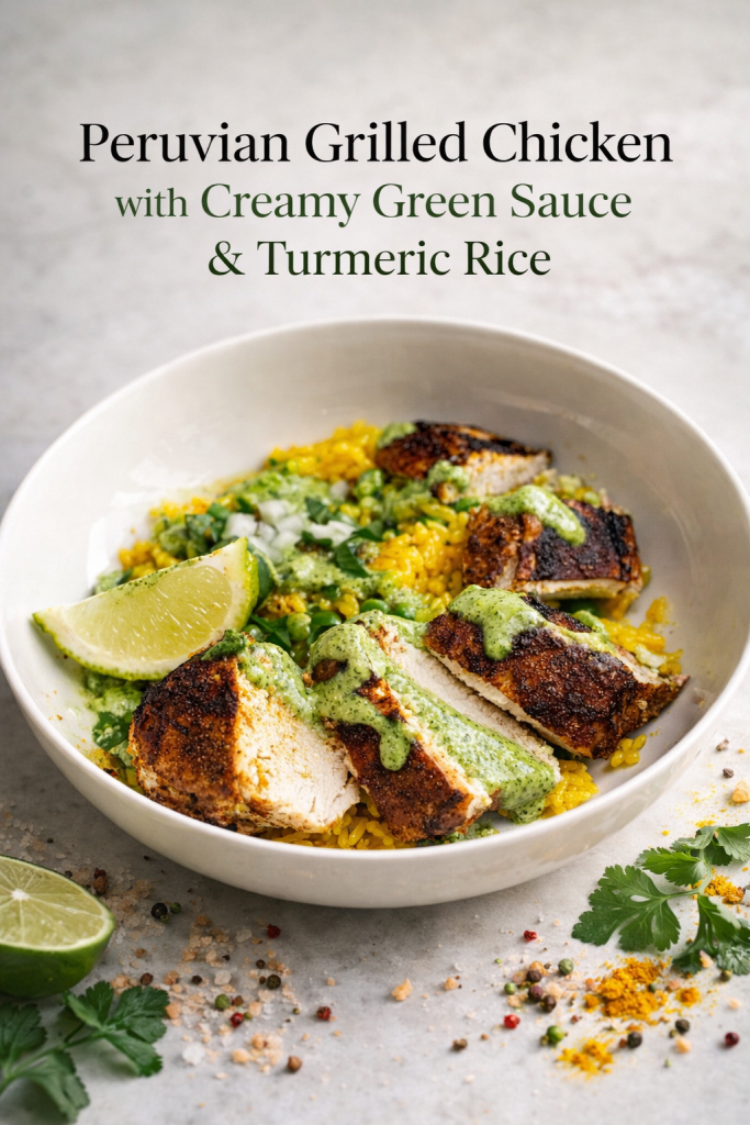 Peruvian grilled chicken with green sauce recipe on white platter with turmeric rice and peas
