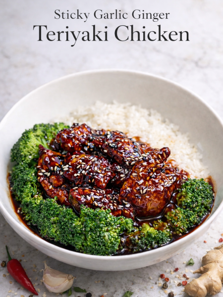 A close-up view of a white bowl filled with fluffy jasmine rice and tender pieces of 20-minute sticky teriyaki chicken, all coated in a glossy, dark brown teriyaki glaze. Bright green steamed broccoli florets rest beside the chicken, and the dish is finished with a sprinkle of white sesame seeds and sliced green onions.