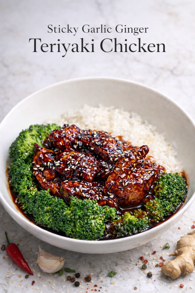 A close-up view of a white bowl filled with fluffy jasmine rice and tender pieces of 20-minute sticky teriyaki chicken, all coated in a glossy, dark brown teriyaki glaze. Bright green steamed broccoli florets rest beside the chicken, and the dish is finished with a sprinkle of white sesame seeds and sliced green onions.