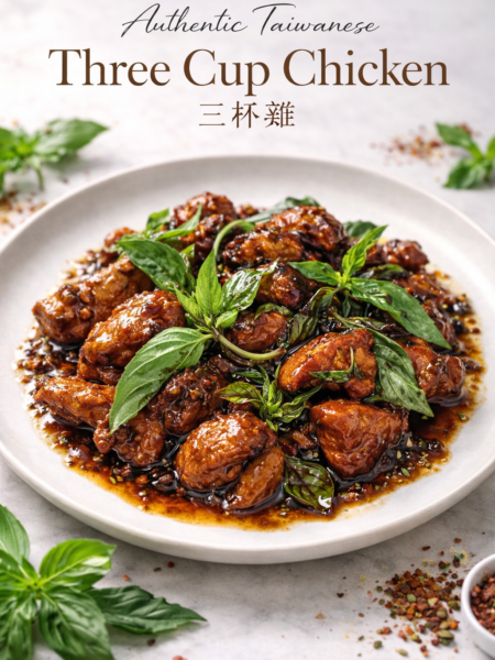 A vibrant bowl of Authentic Taiwanese Three Cup Chicken (San Bei Ji) with glossy, dark caramelized chicken pieces and wilted fresh Thai basil, served over steamed white rice.